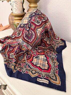 Burberry Silk Scarf Nova Check and Paisley Navy Blue Burgundy-EUC